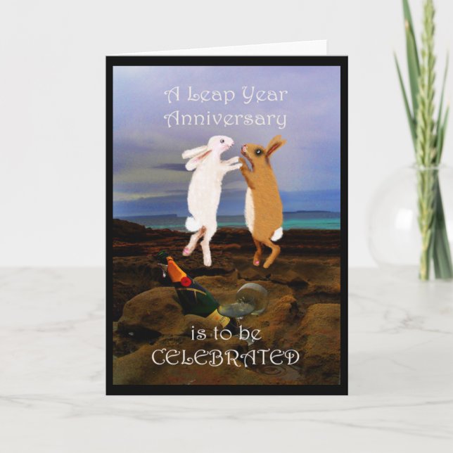 Leap year Anniversary, two jumping rabbits Card (Front)