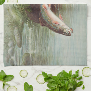 Leaping Brook Trout by S.A. Kilbourne Vintage Fish Kitchen Towel