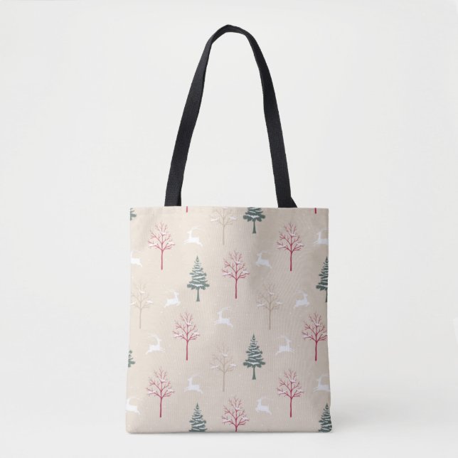 Leaping Deer & Snowy Trees Christmas Tote Bag (Front)