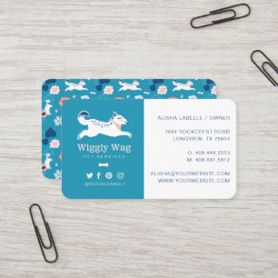 Leaping Dog Floral Botanical Blue Pet Services Business Card