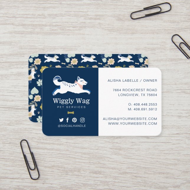 Leaping Dog Floral Botanical Navy Pet Services Business Card (Front/Back In Situ)