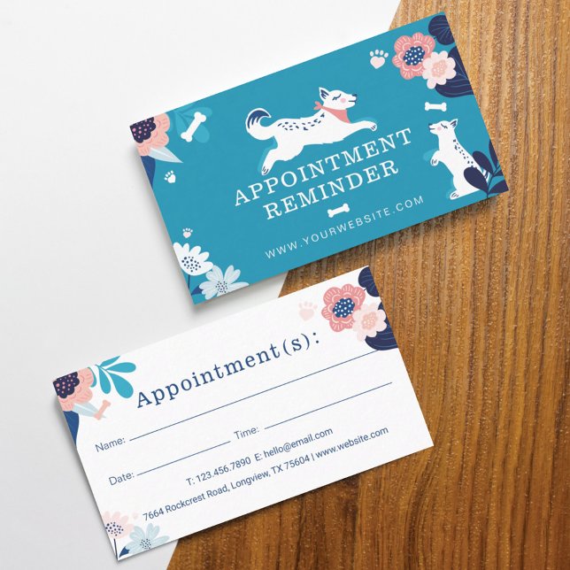 Leaping Dog Floral Pet Care Services Blue Appointment Card (Creator Uploaded)