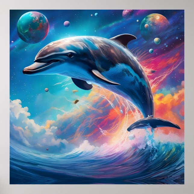 Leaping Dolphin, Fantasy, planets  Poster (Front)