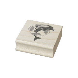 Leaping dolphin/porpoise through life ring rubber stamp