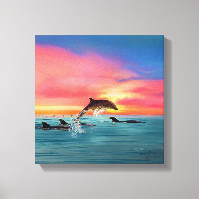 Leaping Dolphins Beach Sunset Canvas Print (Front)