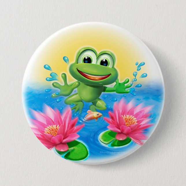 Leaping frog birthday party badge 3 inch round button (Front)