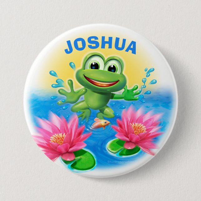 Leaping frog custom name birthday party badge 3 inch round button (Front)