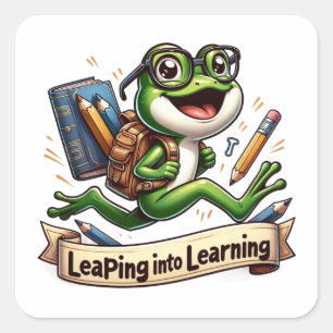 Leaping Into Learning Green Frog with Glasses Square Sticker