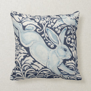 Leaping Rabbit, Bird Navy Blue Floral Animal Throw Pillow