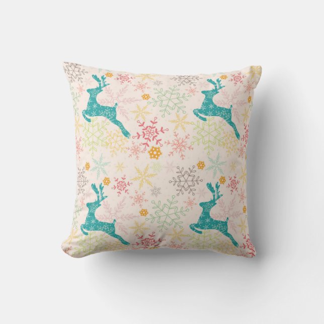 Leaping Reindeer and lots of Snowflakes Throw Pillow (Front)