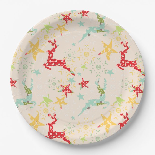 Leaping Reindeer, Stars and Snowflakes Paper Plate (Front)