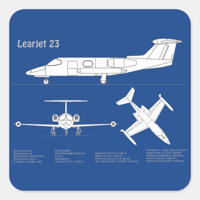 Learjet 23 - Airplane Blueprint Drawing Plans ABD Square Sticker (Front)