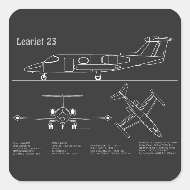 Learjet 23 - Airplane Blueprint Drawing Plans PD Square Sticker (Front)
