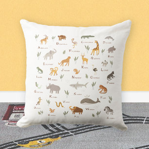 Learn ABC Letters Children Jungle Safari Animals Throw Pillow