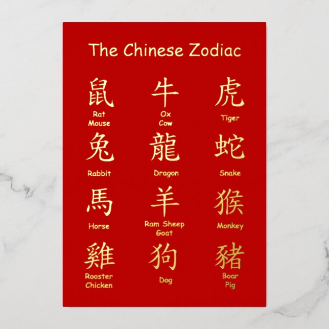 Learn to Read Chinese Zodiac Animals New Year Foil Holiday Card (Front)