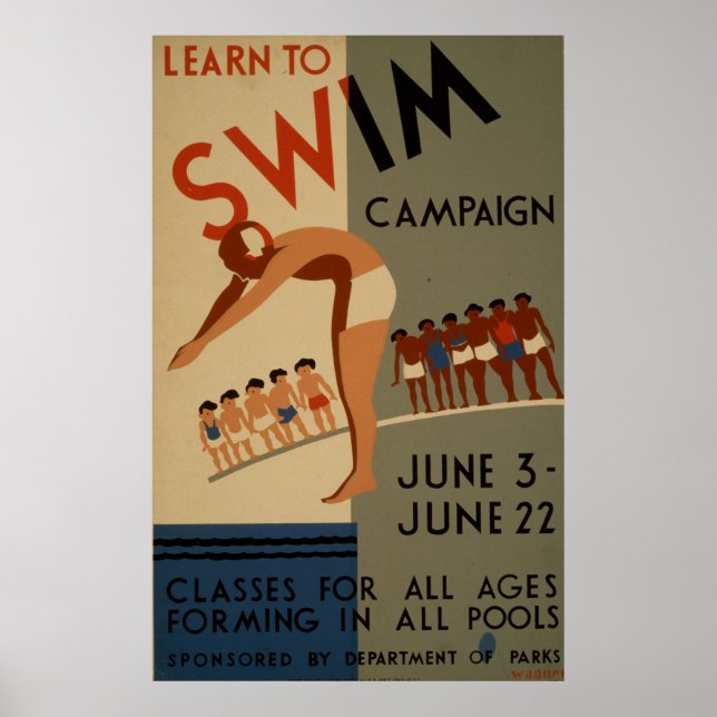 Learn To Swim Campaign Vintage Poster (Front)