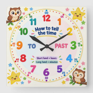 Learn to Tell the Time Owl  Square Wall Clock