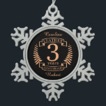 Leather 3 years wedding anniversary snowflake pewter christmas ornament<br><div class="desc">A design to celebrate 3 years of marriage. This design has a tan (leather) coloured laurel design on a black background. Leather is the traditional gift for this occasion. The text reads Leather 3 years anniversary. A romantic design to celebrate your 3rd year of marriage. If you would like any...</div>