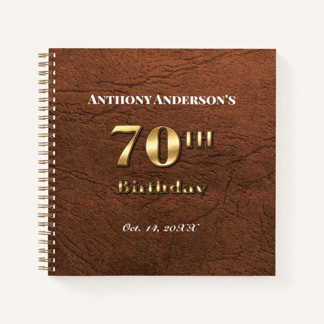 Leather and Gold 70th Birthday Party Guest Book (Front)