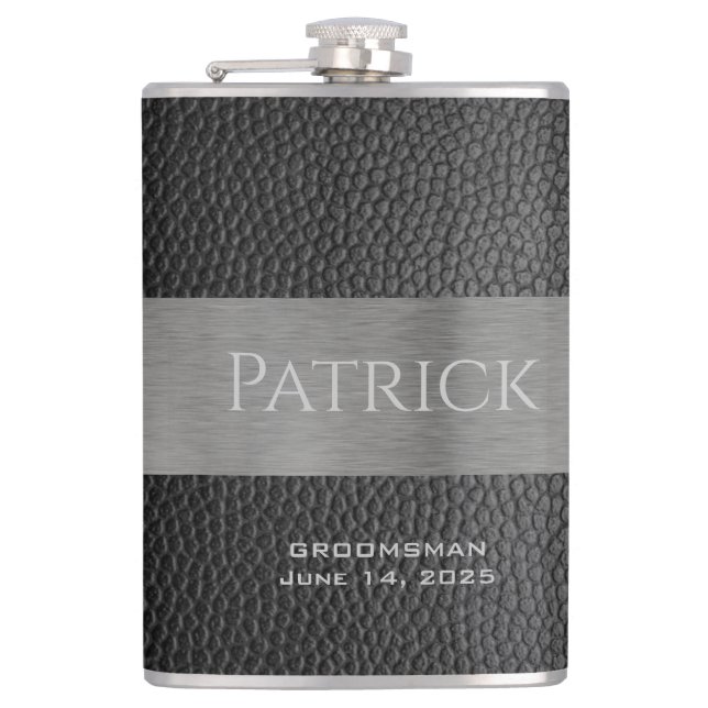 Leather  and Metal Print Monogrammed Flask (Front)