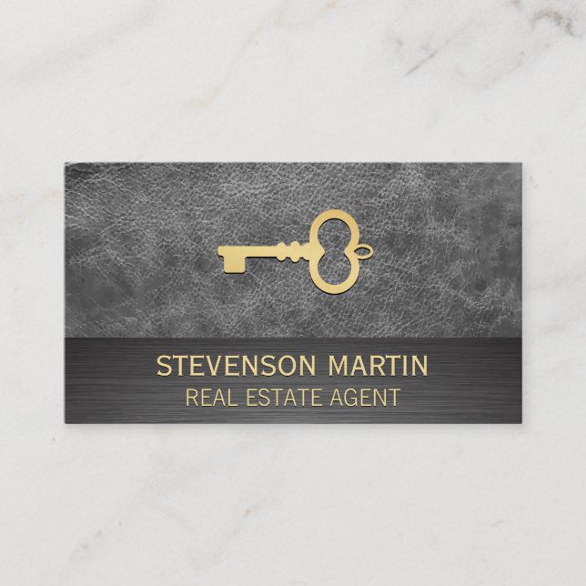 Leather and Metallic | Gold Skeleton Key Business Card (Front)