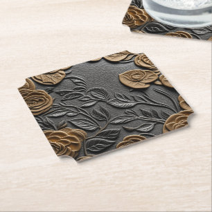 Leather and rose 3d look wedding paper coaster