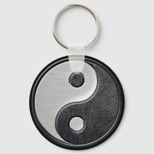 Leather and Steel Effect Yin Yang Graphic Keychain