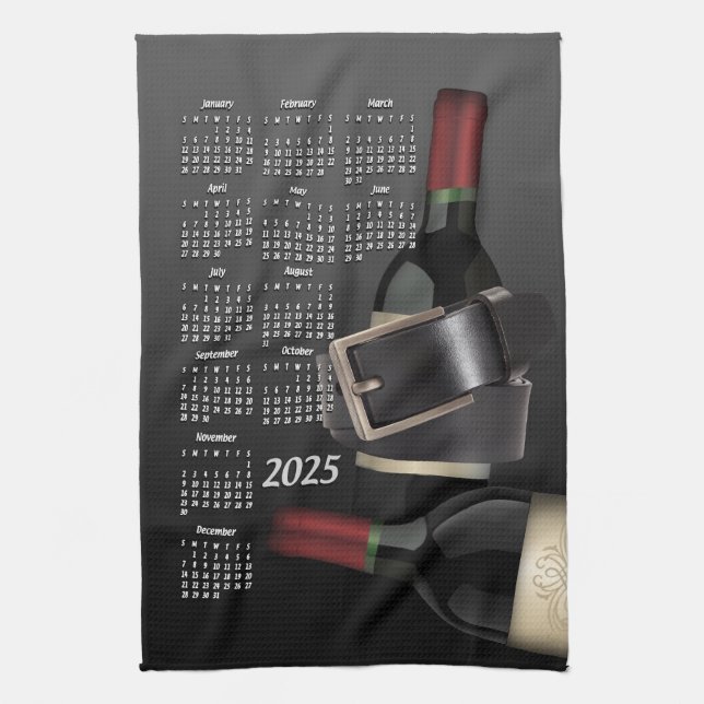 Leather Belt & Wine Bottle 2025 Calendar Kitchen Towel (Vertical)