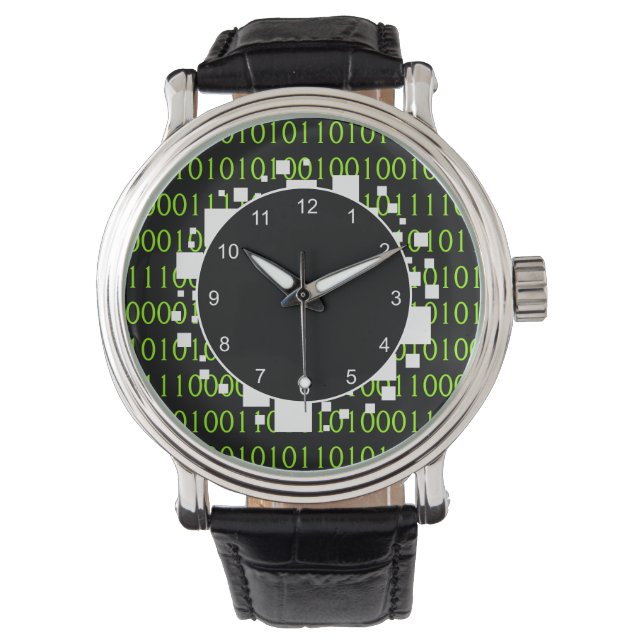 Leather Binary 1 0 Geek Code White Ring of Fire  Watch (Front)