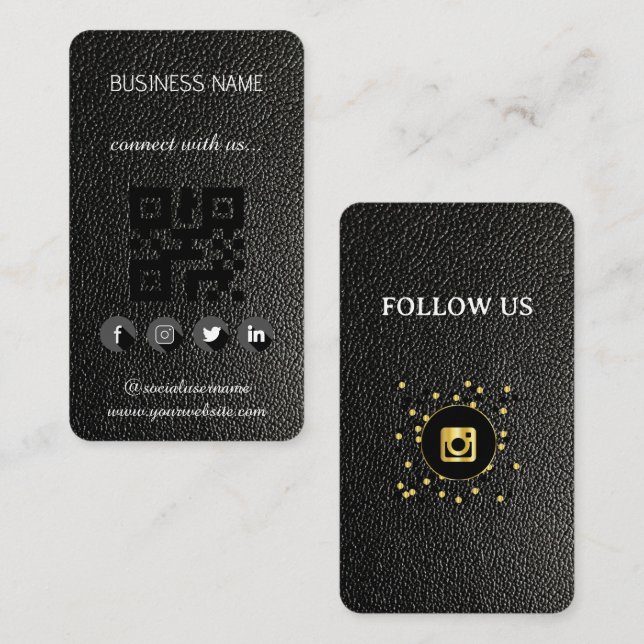 Leather black -Social Media QR Code  Business Card (Front/Back)
