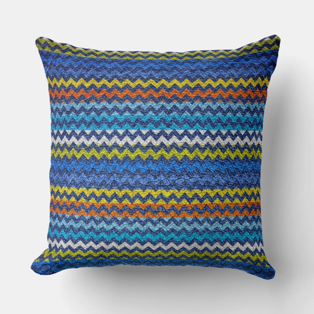 Leather Blue Chevron Stripes Pattern Throw Pillow (Front)