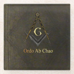 Leather Book Look Square and Compass Glass Coaster