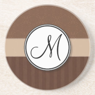 Leather Brown Damask with Stripes and Monogram Coaster