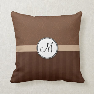 Leather Brown Damask with Stripes and Monogram Throw Pillow