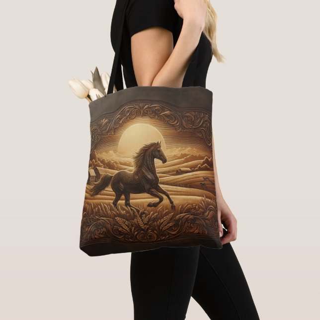 Leather Carving of a Running Horse Tote Bag (Close Up)