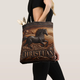 Leather Carving of Running Horse Tote Bag