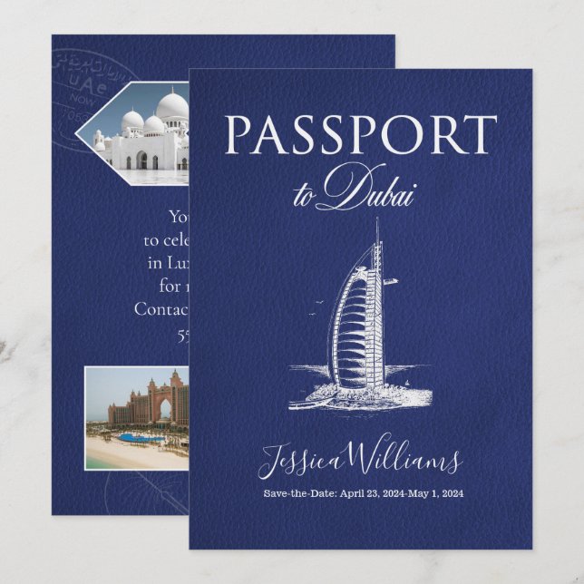 Leather Dubai Passport Save the Date Invitation (Front/Back)