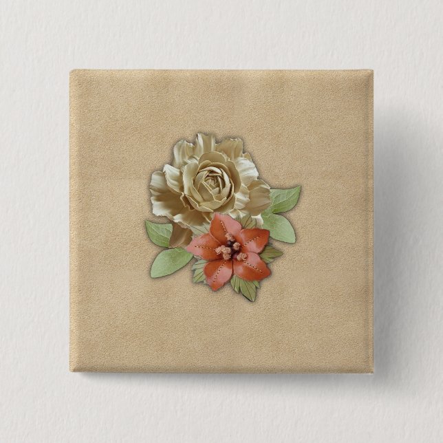 Leather flowers on Cream Suede 2 Inch Square Button (Front)