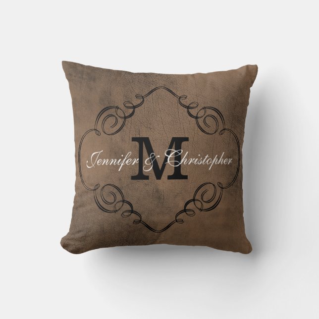 Leather Look Monogram Wedding Keepsake Reversible Throw Pillow (Front)