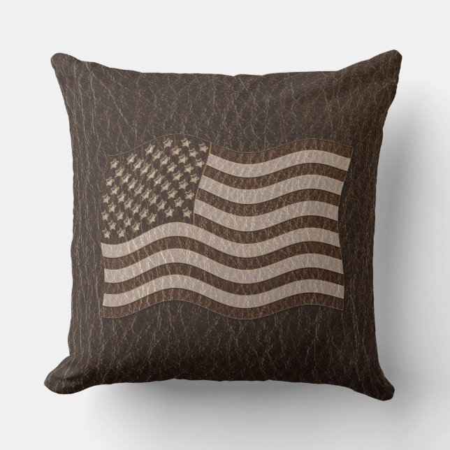 Leather-Look USA Flag Dark Throw Pillow (Front)