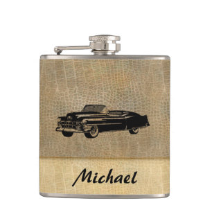 Leather look vintage classy old car personalized hip flask