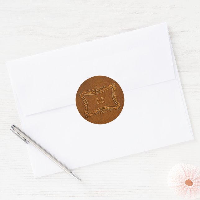 Leather look with customizable Monogram Classic Round Sticker (Envelope)