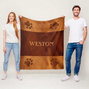 Leather Look With Paws And Name - Not Real Leather Fleece Blanket