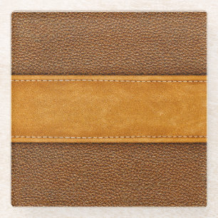 Leather Luxe: Stitched Brown Elegance Glass Coaster