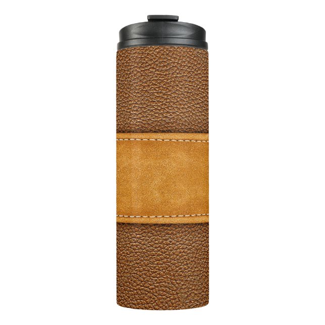 Leather Luxe: Stitched Brown Elegance Thermal Tumbler (Front)