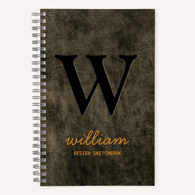 Leather Monogram black gold script name Notebook (Front)
