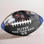 Leather Print Blue Player Name Number Team Photo Football<br><div class="desc">Black Leather Print Blue Player Name Number Team Photo Football. The text is trendy white typography on a black leather printed background with blue stripes. Personalize it with your photo, player`s name, number, team name and year. You can change any text on the football or erase it. A perfect gift...</div>