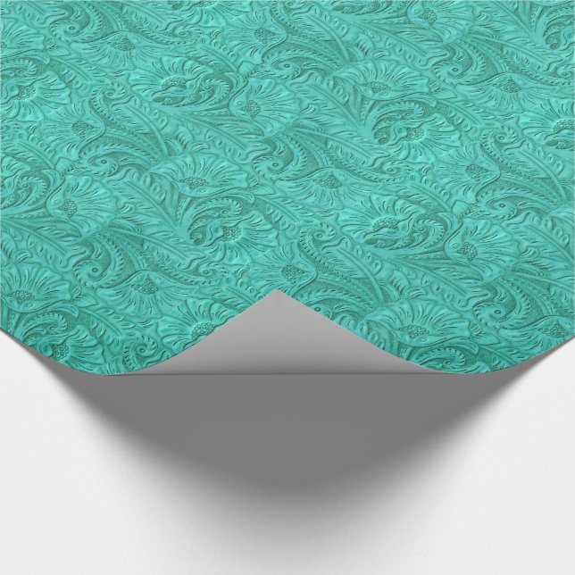 Leather Print Turquoise Western Tooled Leather Wrapping Paper (Corner)