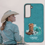 Leather texture cowgirl brown turquoise samsung galaxy case<br><div class="desc">Leather texture cowgirl phone case  with brown cowboy boots,  turquoise cowboy hat and flowers. Personalized phone case. You can transfer this design to any other product on Zazzle,  look at: "Transfer design to a product"!</div>