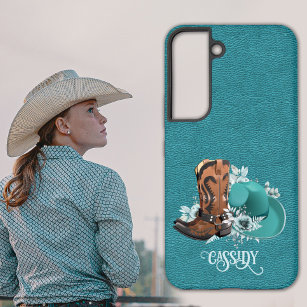 Leather texture cowgirl brown turquoise samsung galaxy case